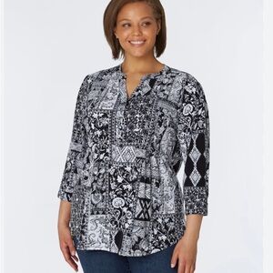 Roz & Ali‎ Black and White Floral Blouse zs 2X